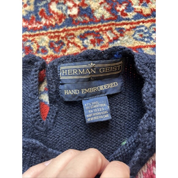 Vintage Herman Geist Green Hand Embroidered Wool Floral Sweater Large - Picture 5 of 6